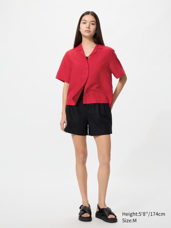 Linen Blend Open Collar Shirt | Short Sleeve