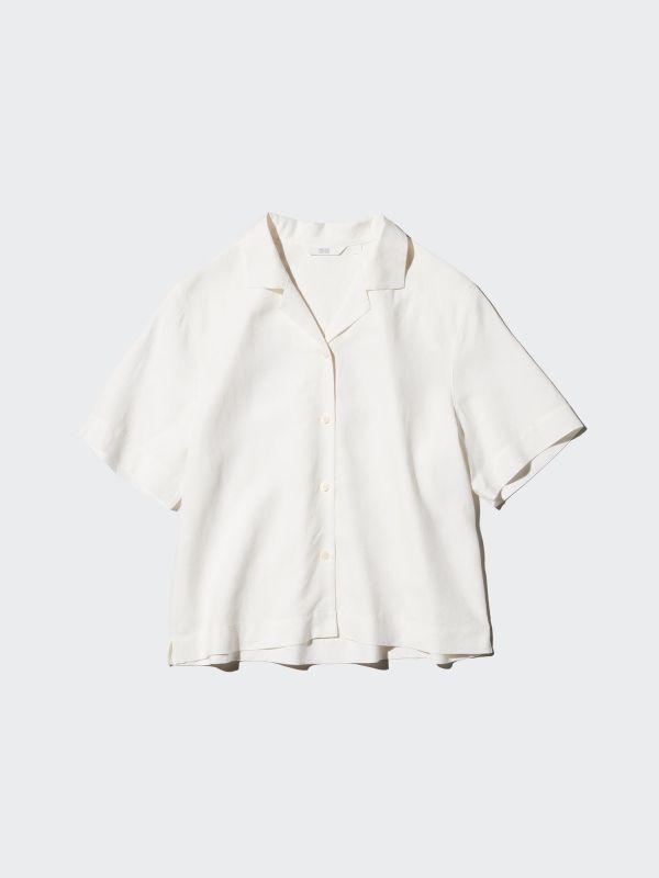Linen Blend Open Collar Shirt | Short Sleeve
