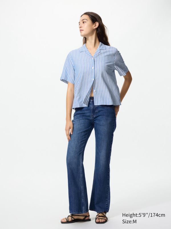 Linen Blend Open Collar Shirt | Short Sleeve | Striped