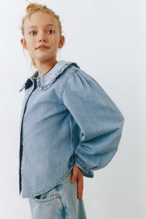 Embroidered Floral Collar Denim Shirt