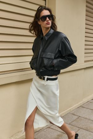 FAUX LEATHER BOMBER JACKET WITH SHOULDER PADS